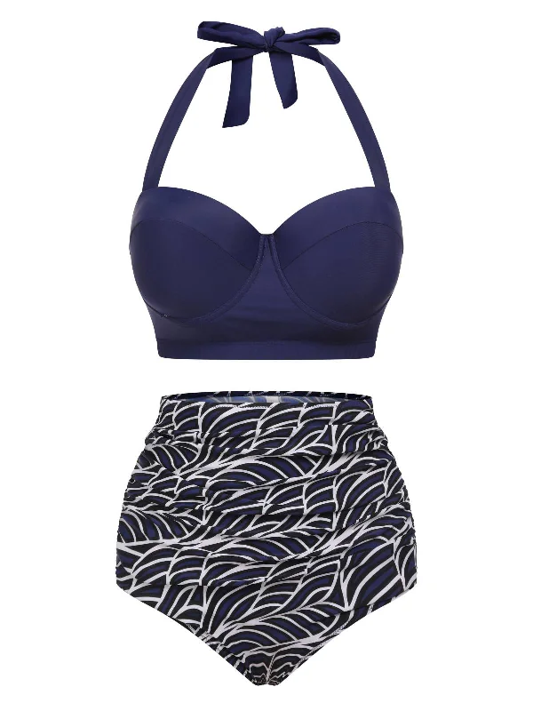 Blue 1940s Geometry Pleated Halter Swimsuit Chic Swimsuit Cover-Up