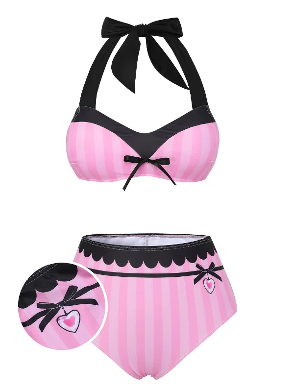 Pink & Black 1950s Stripe Halter Swimsuit Quick-Dry Swimsuit