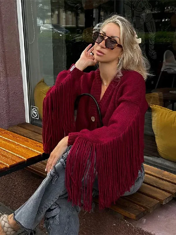 Tassels Patchwork Wine Red Knitted Cardigan Christmas Sweater Hooded Caped Shawl Collar Tassels Patchwork Wine Red Knitted Cardigan Christmas Sweater Hooded Caped Shawl Collar