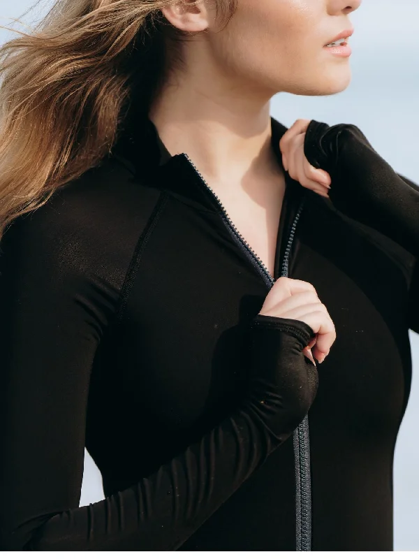 WOMEN'S ONE PIECE LONG SLEEVE SWIMSUIT - BLACK (RUNS SMALL) High-Cut One-Piece