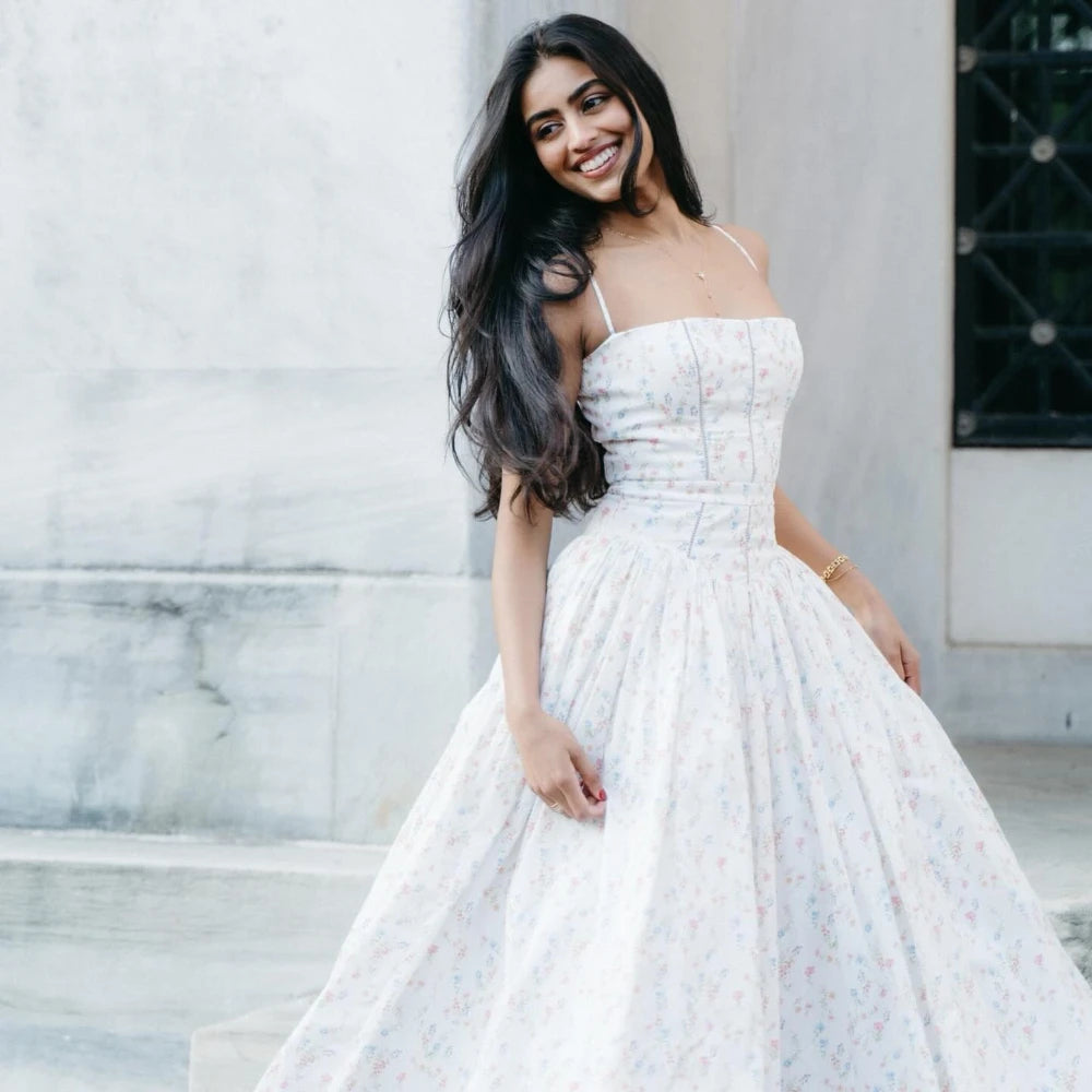 Advbridge Summer Elegant Party Dresses 2024 Floral Print One-piece Graduation Dress Strap Midi Long Dresses Women's Clothing Square Neckline Feminine
