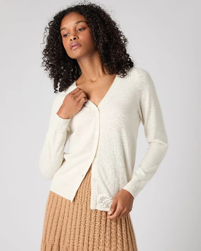 Women's Lara V Neck Cashmere Cardigan New Ivory White Handmade Hand-knitted Hand-woven