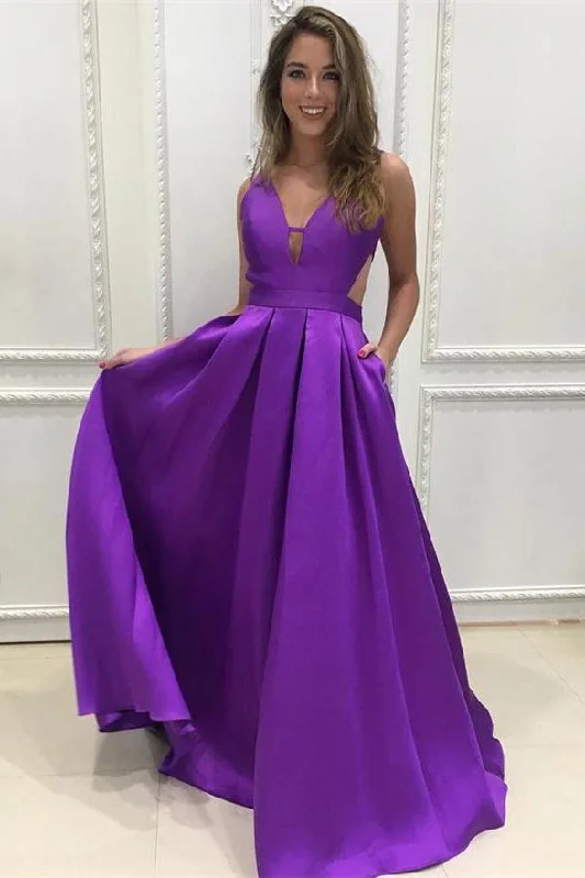 Open Back Purple Off the Shoulder Prom dressV Neck Cheap Evening Party Dress Tunics Versatile stylish