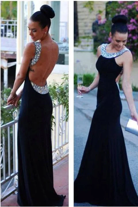 Sexy Open Back Black Mermaid Crystals Long Prom Dress Evening Gowns Party Dresses Tunics Luxurious premium