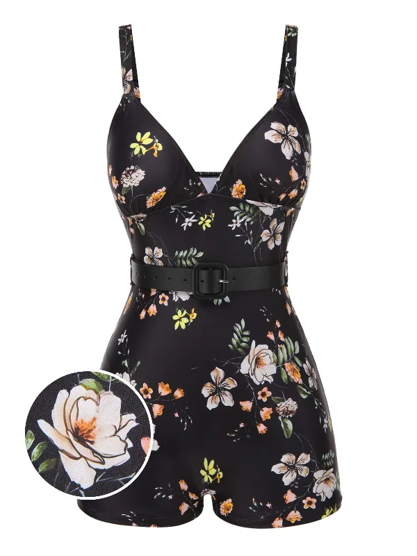 [Pre-Sale] Black 1940s Floral Boxer Straps Swimsuit Lace Back Bikini