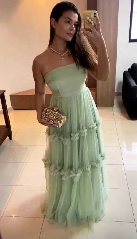 Light Sage A-Line Strapless Tulle Long Party Dress,DP1780 Tunics Velvet soft