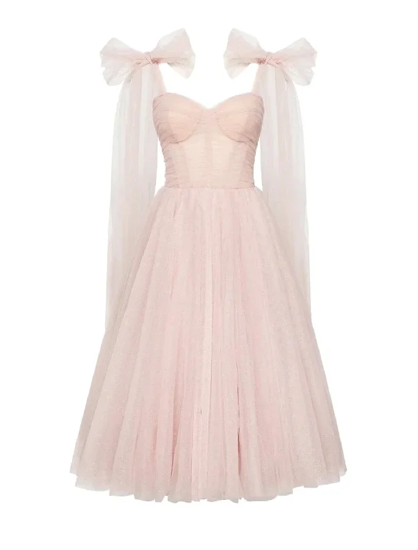 Light Pink A-Line Tulle Tea Length Party Dress Homecoming Dress,DP1458 Tunics Trousers formal