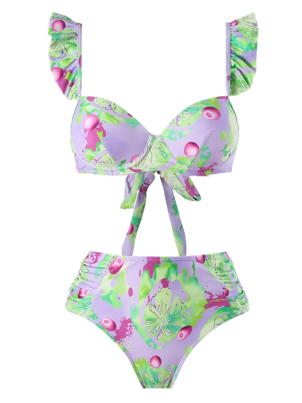 Light Green 1940s Grape Ruffle Swimsuit Strapless Swimsuit Top