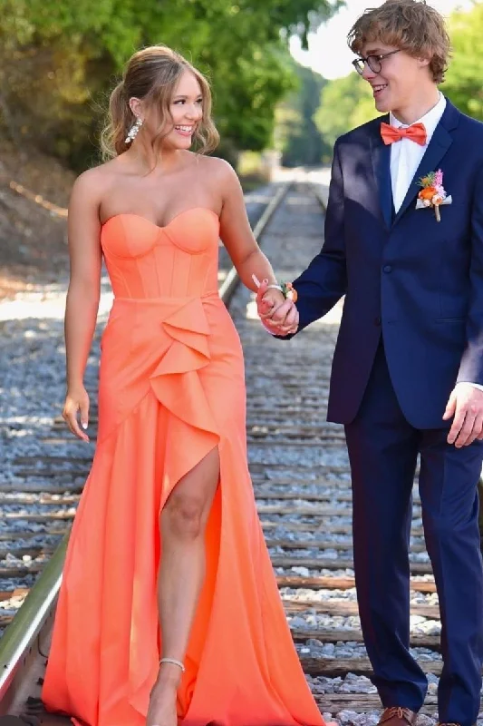 Deena | Sweetheart Orange Mermaid Long Party Dress with Slit Square Neckline Feminine