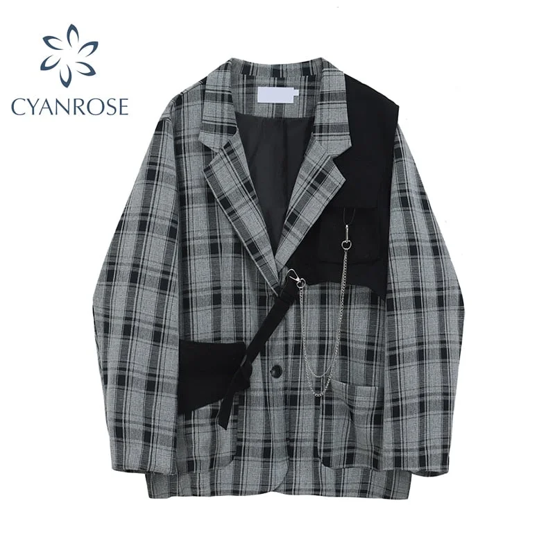 2022 Autumn Korean Vintage Plaid Blazers Women Casual Oversized Female Suit Jackets Streetwear Ladies Outwear Clothes Oversized Jacket Tailored Jacket Straight Jacket