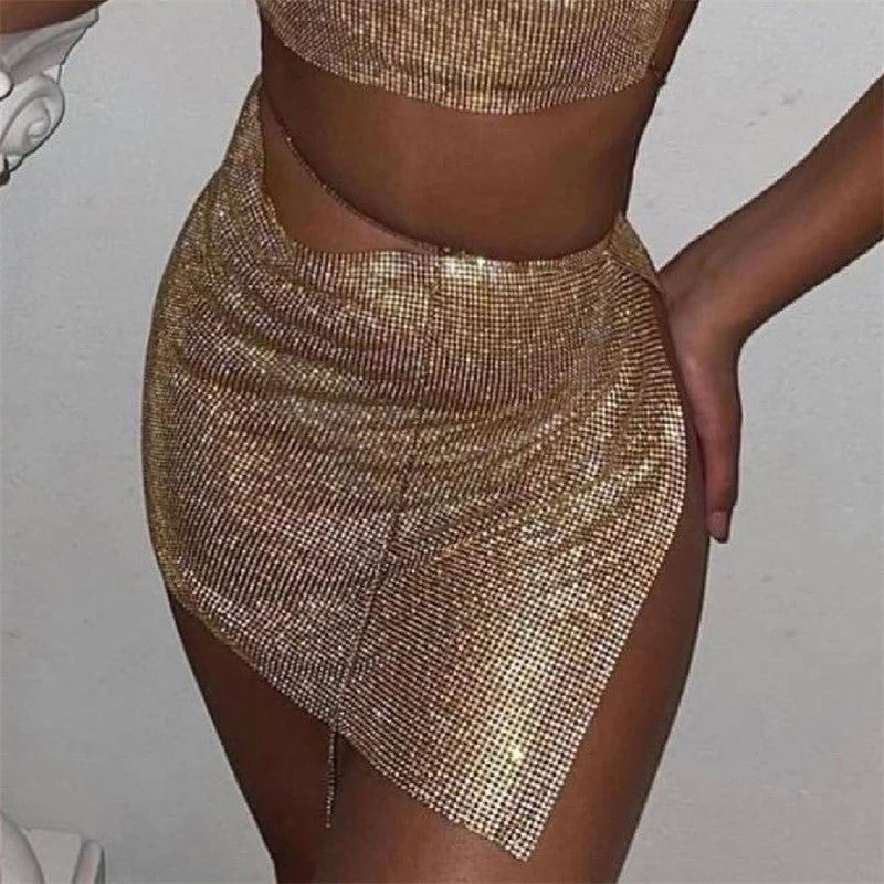 SHIHAN 2023 Rhinestones Mesh Swimsuit Cover up Sexy Crystal Party Diamond Mesh Mini Skirt Push-Up Swimsuit Top