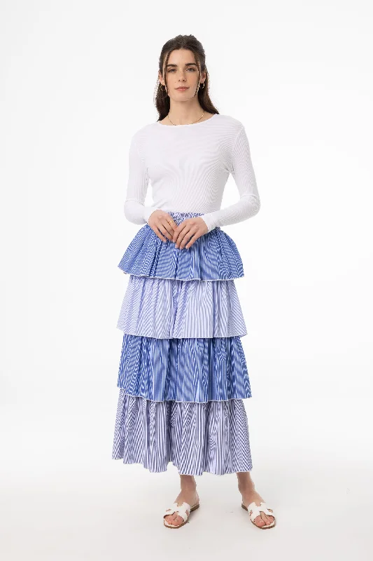 Blue Striped Ruffle Maxi Skirt chiffon skirt flowing