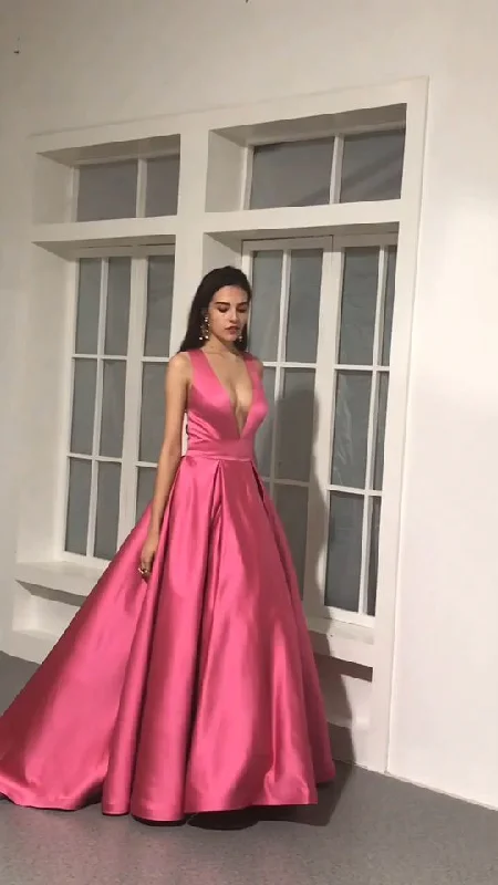 Elegant Satin A-Line Long Prom Dress Deep V Neck Formal Party Dress,DP745 Tunics Ceremony elegant