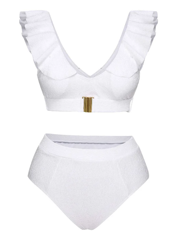 White 1950s Ruffles Solid Swimsuit Lace-Detail Bikini Set