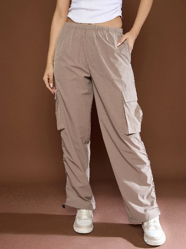 Women Unisex Taupe Side Ruched Baggy Parachute Pants Fashionable Tapered Leg Pants