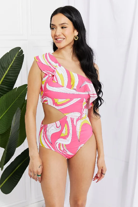 Marina West Swim Vitamin C Asymmetric Cutout Ruffle Swimsuit in Pink Button-Front Swimsuit
