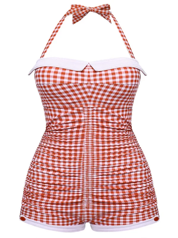 [Plus Size] Gingham 1950s Halter Bowknot One-piece Swimsuit Deep-V Swimsuit Design
