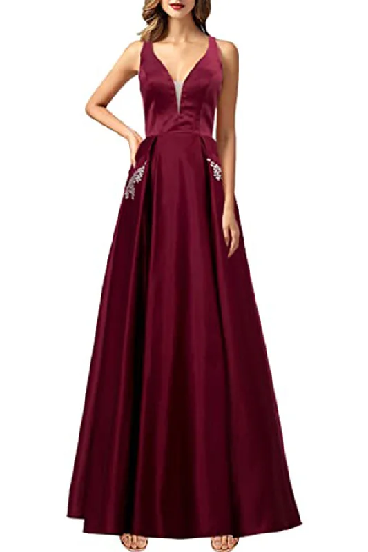 V Neck Prom Dress with Beads Pockets A-line Burgundy Satin Long Party Dress OKY53 Tunics Favorite customer