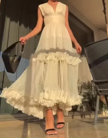 White V Neck A-Line Elegant Long Party Dress, DP2120 Tunics Travel practical