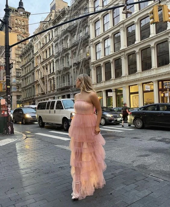 Pink Strapless Tulle Tiered A-Line Long Party Dress,DP1833 Tunics Exclusive limited
