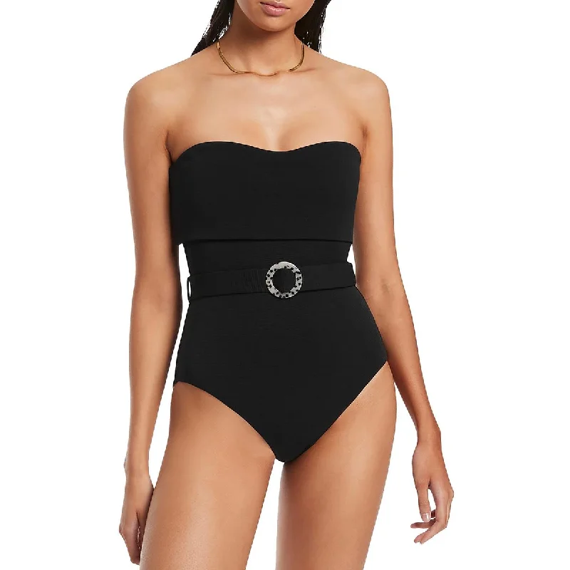 Jets Womens Isla Ribbed Fold-Over One-Piece Swimsuit Mesh Swimsuit Top