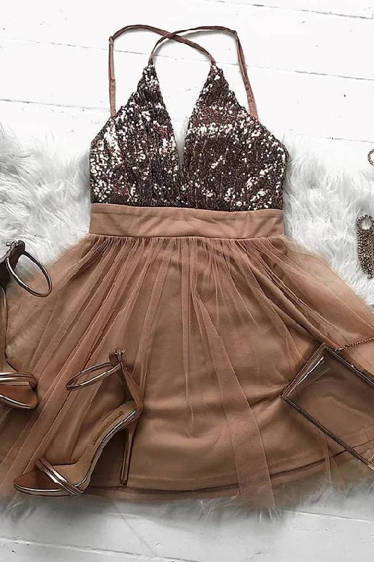 Sparkly Brown Tulle A Line Short Prom Dress,Homecoming Dress School Party Dress OKO74 Tunics Lace romantic