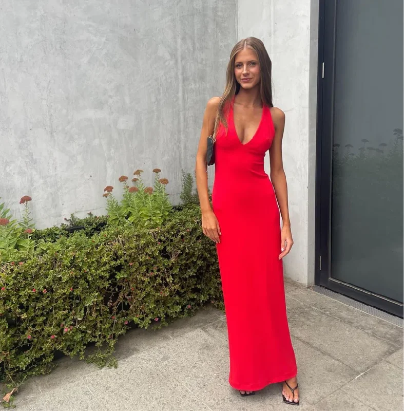 Charming Red V Neck Simple Evening Party Dress, DP2407 empire Waist empire