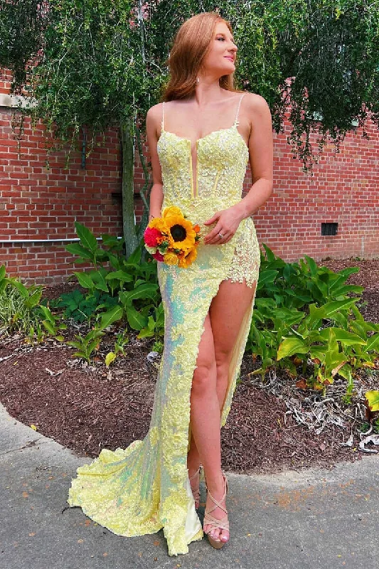 Yellow Sequins Plunge Neck Long Prom Dress with Slit Evening Party Dress OK1533 Lace Sexy Club