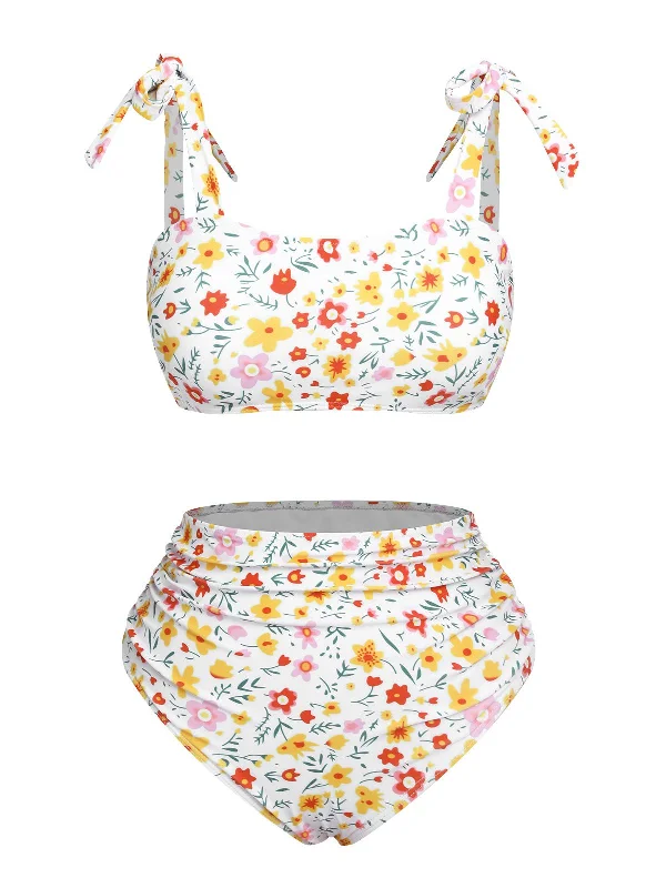 White 1930s Shoulder Straps Ditsy Florals Swimsuit Floral Print Swimsuit