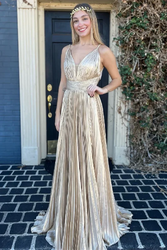 Champagne V Neck Spaghetti Straps A-Line Formal Party Dress, DP2033 Tunics Stylish modern