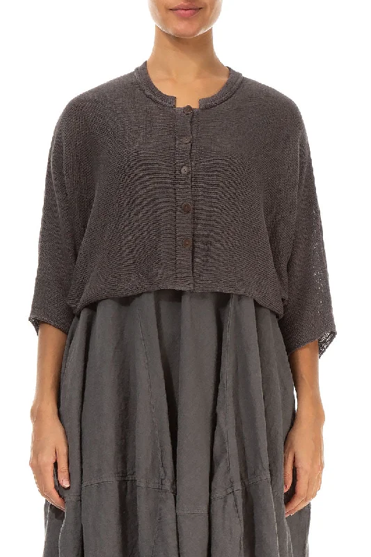 Collar Rounded Brown Linen Cardigan Solid Print Embellished