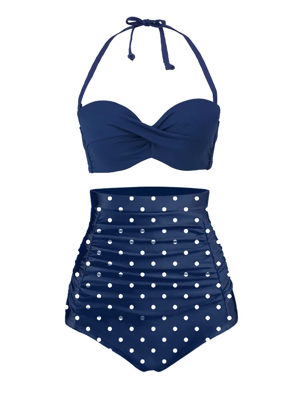 Blue 1950s Halter Polka Dots Swimsuit High-Cut One-Piece