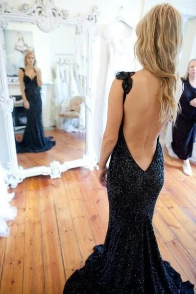 Open Back Navy Blue Sequin Mermaid Prom Dress Evening Party Dresses Prom Gowns Tunics Cozy comfortable