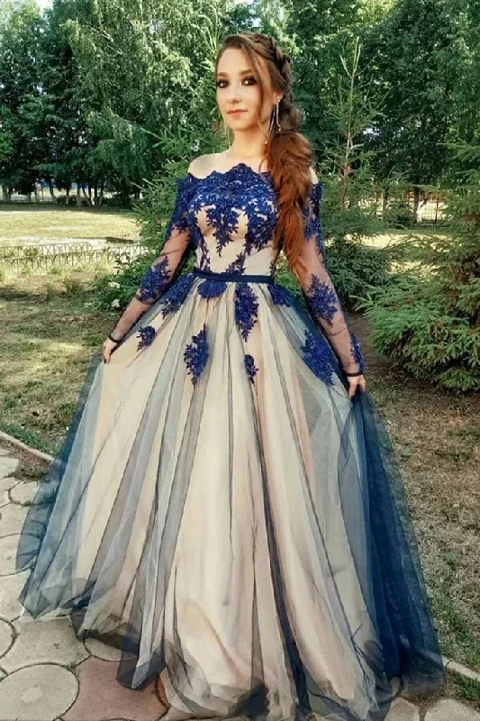 Unique Long Sleeve Off the Shoulder Tulle Long Prom Dress  Blue Appliques Party Dress OKT49 Tunics New arrival