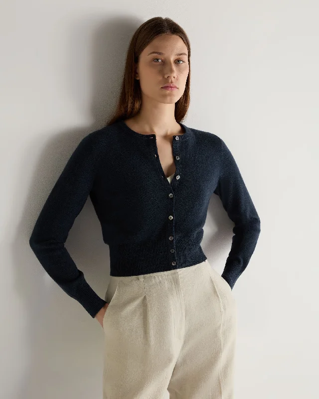 Women's Ivy Cropped Cashmere Cardigan Indigo Blue Terry Terry Cloth Terry Knit
