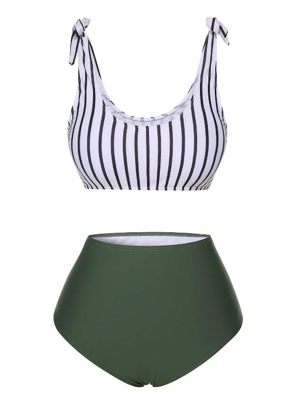 White & Green 1930s Stripe Shoulder Tie Swimsuit Bold High-Cut Bikini