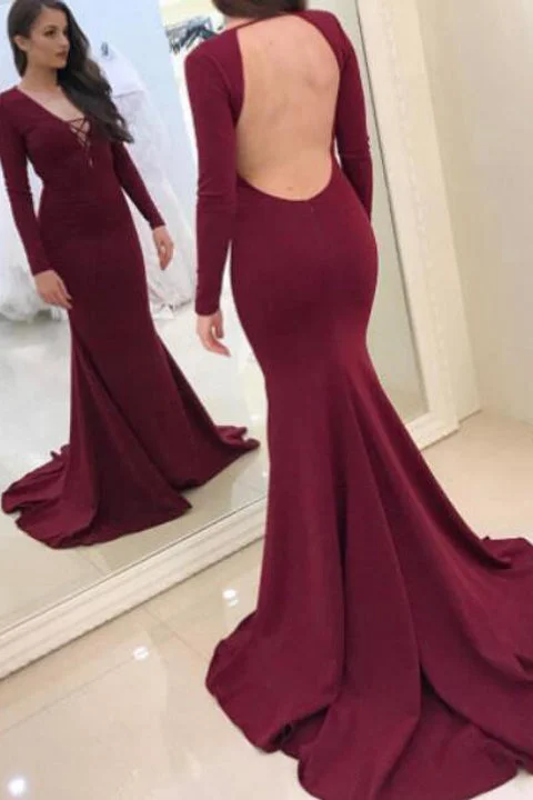 Elegant V Neck Mermaid Burgundy Long Sleeves Prom Dresses Evening Party Dress Tunics Trendy modern