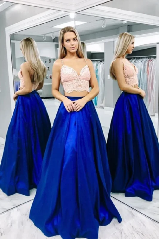 Two Pieces Satin Royal Blue A-line Prom Dress Spaghetti Strap Long Party Dress With Pink Lace Bodice OKY39 Tunics Handmade artisanal