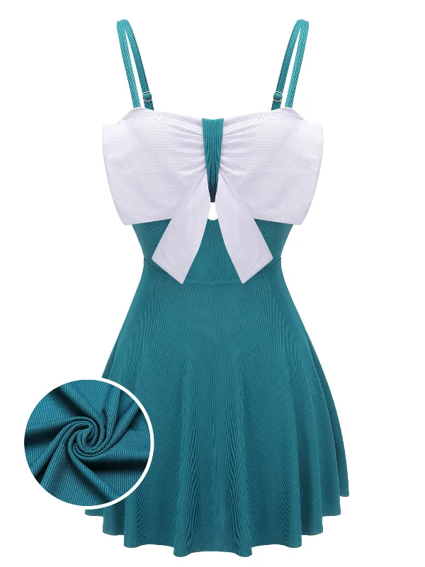 2PCS Blue 1930s Bow Strap Swimsuit & Skirt Lace Back Bikini