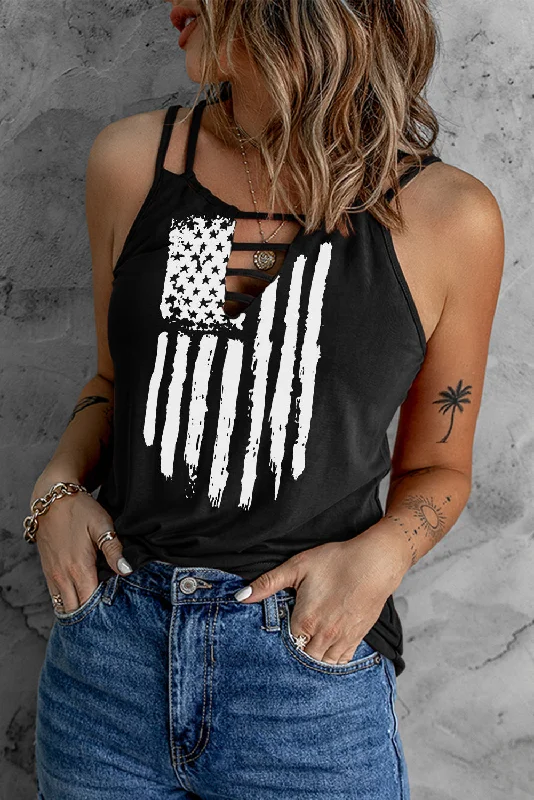 Black American Flag Print Cut Out Spaghetti Strap Tank Top activewear tank top