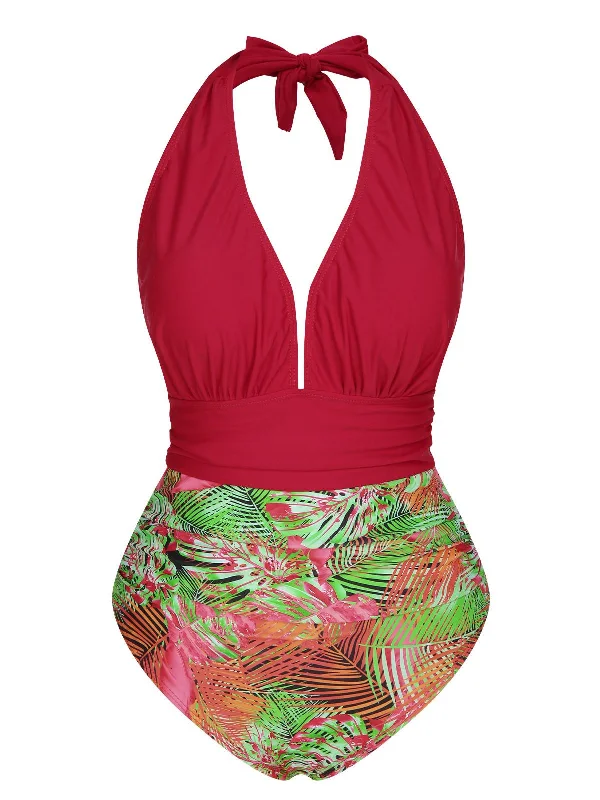 Red 1930s Tropical Plants One-Piece Swimsuit Sleek Full Coverage