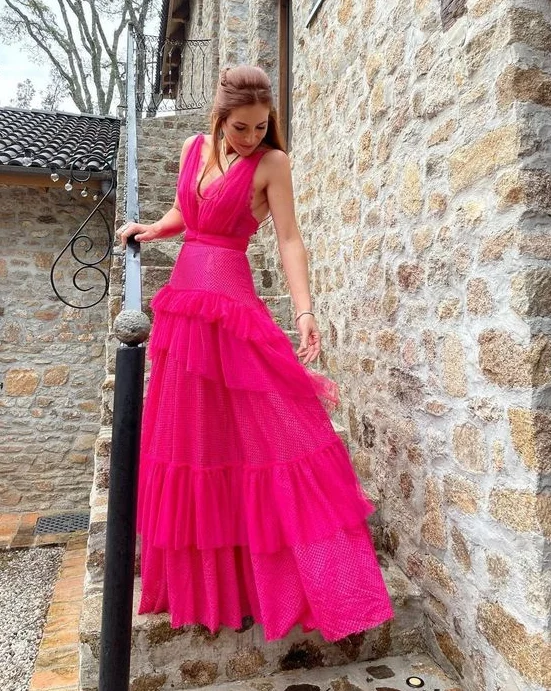 Hot Pink A-Line V Neck Backless Long Party Dress Evening Dress,DP1810 Tunics Review highly