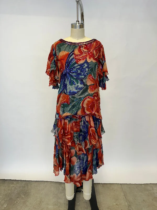 1990s Chiffon Floral Sequin Skirt Set maxi skirt elegant
