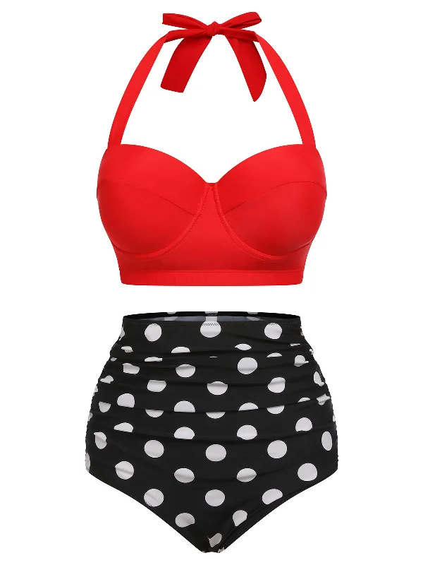 2PCS Red 1940s Dots Halter Swimsuit Cross-Back Bikini