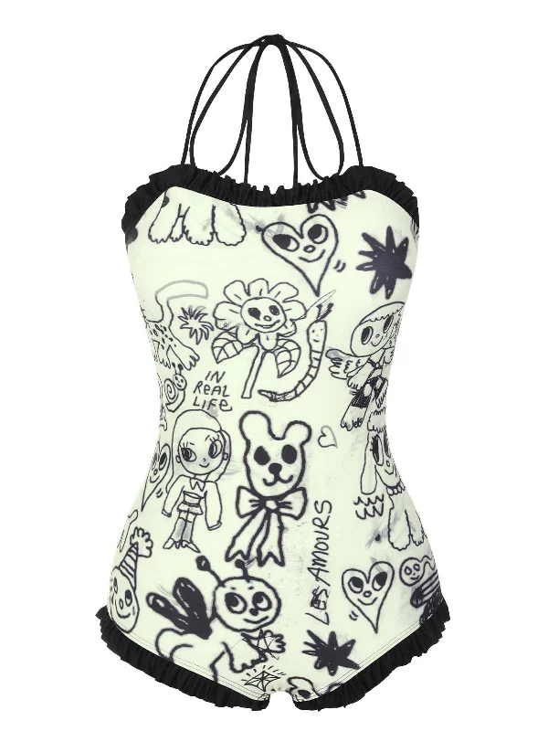 1960s Halter Printed Ruffles One-Piece Swimsuit Swimsuit with Skirt