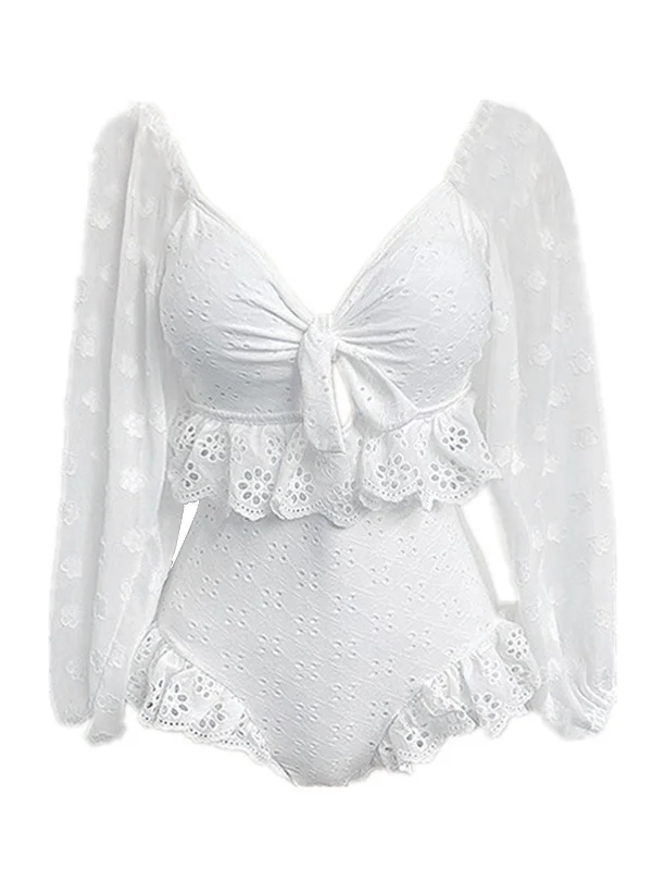 White 1950s Lantern Sleeve Ruffled Swimsuit Plunge Neckline Swimsuit