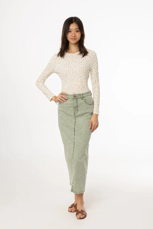 Green Wash Denim Maxi Skirt zip skirt side