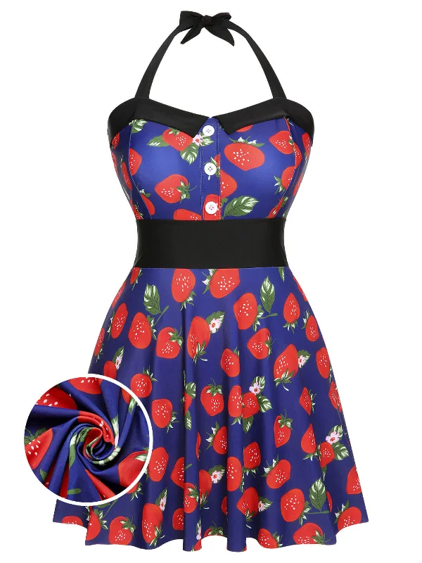 [Plus Size] Multicolor 1930s Colorblocked Strawberry Halter Swimsuit Push-Up Bikini Bottoms