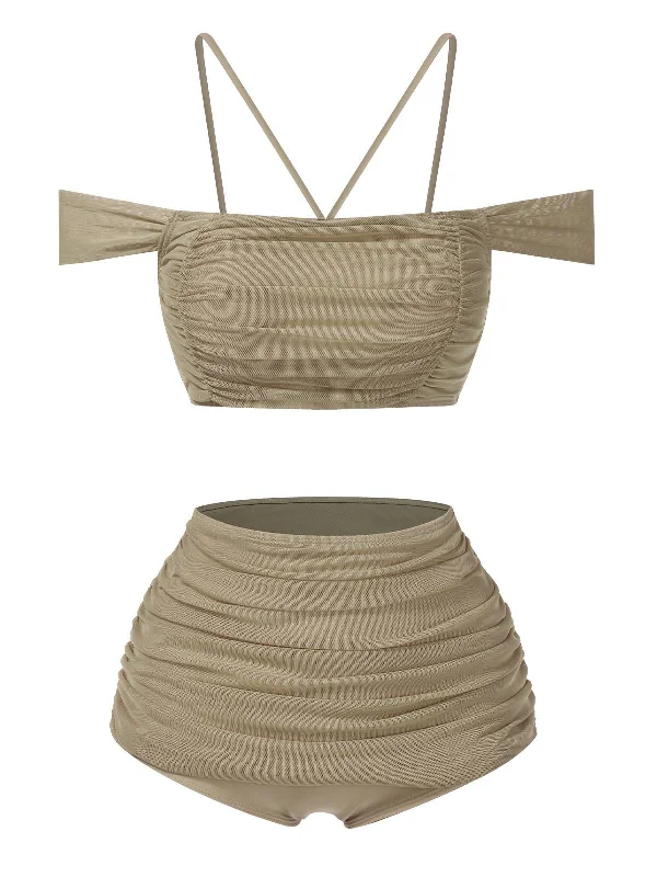 1930s Solid Ruched Off-Shoulder Halter Swimsuit Swim Dress with Belt