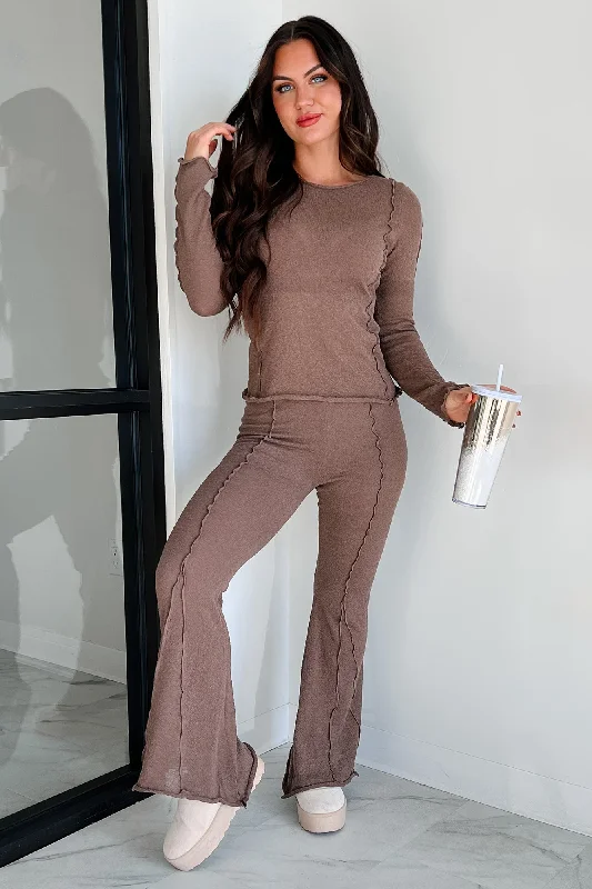 Talk It Through Lettuce Seam Flare Pants (Espresso) Comfortable Fleece Pants